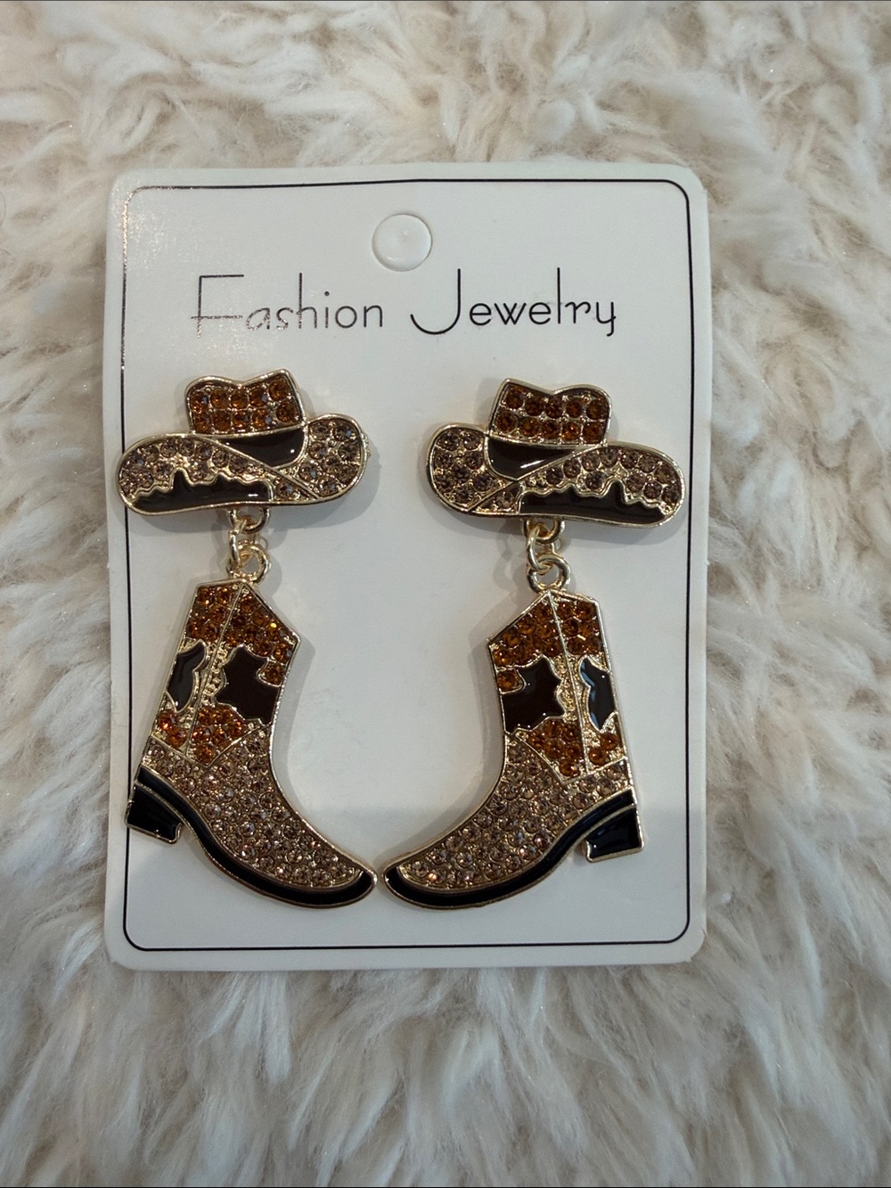 Fashion Jewelry Gold, Black and Amber Cowboy Boot & Hat Drop Earrings